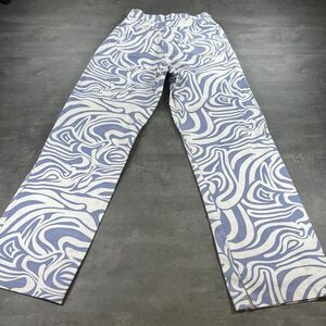 Wave Swirl Print Pants Women Size 23 Blue White Retro Psychedelic Straight Leg